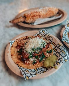 brisket taco and elote