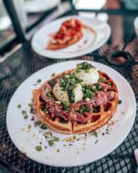 waffles com prosciutto, queijo, claras de ovo e pesto